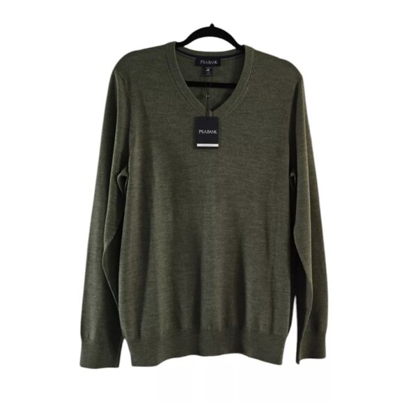 Jos. A. Bank Tailored Fit 100% Merino Wool V-Neck Moss Green Sweater Size Medium - Picture 1 of 6
